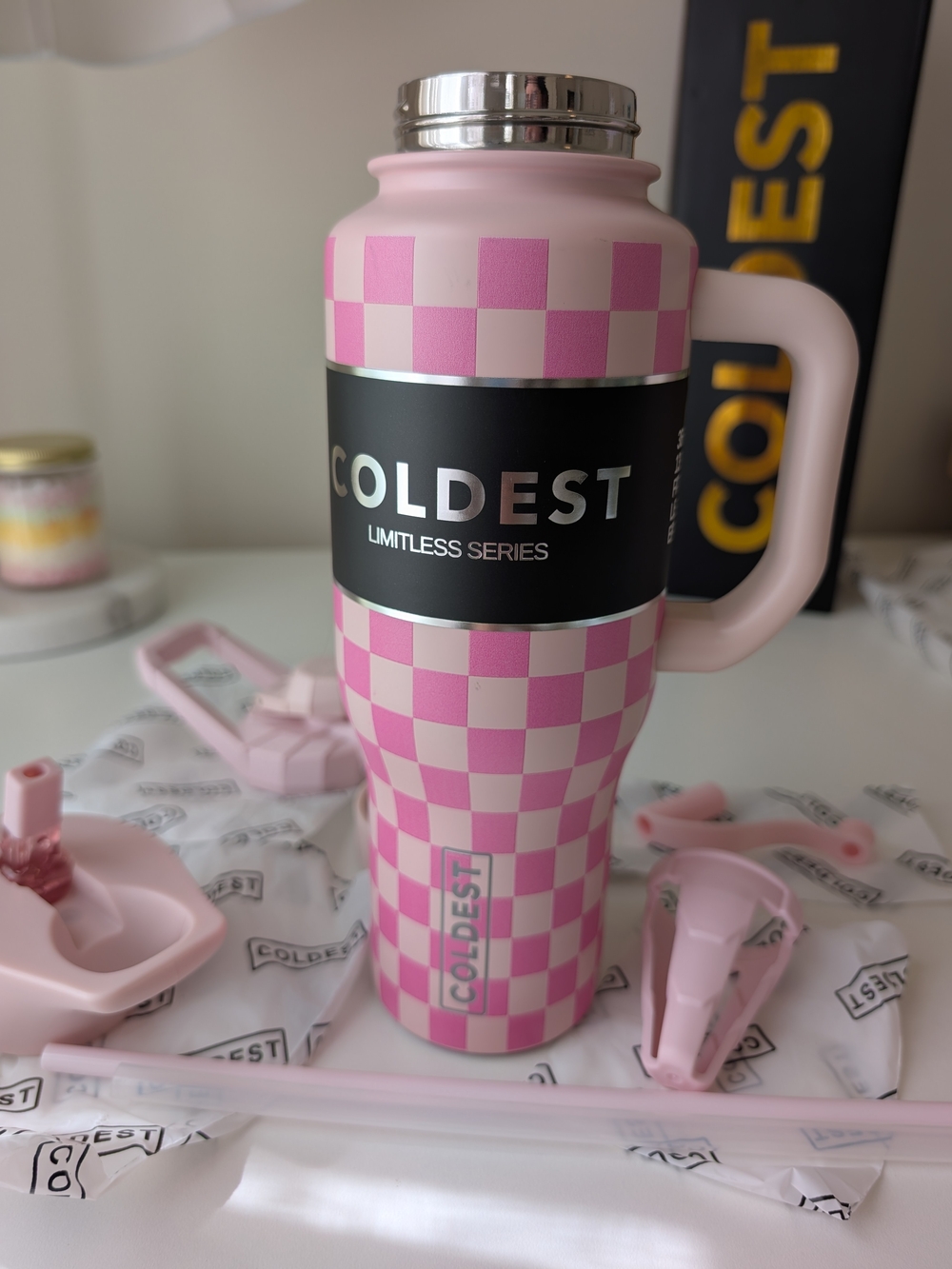 COLDEST Limitless 36oz Pink Checkered Tumbler NEW w/ 3 Lids